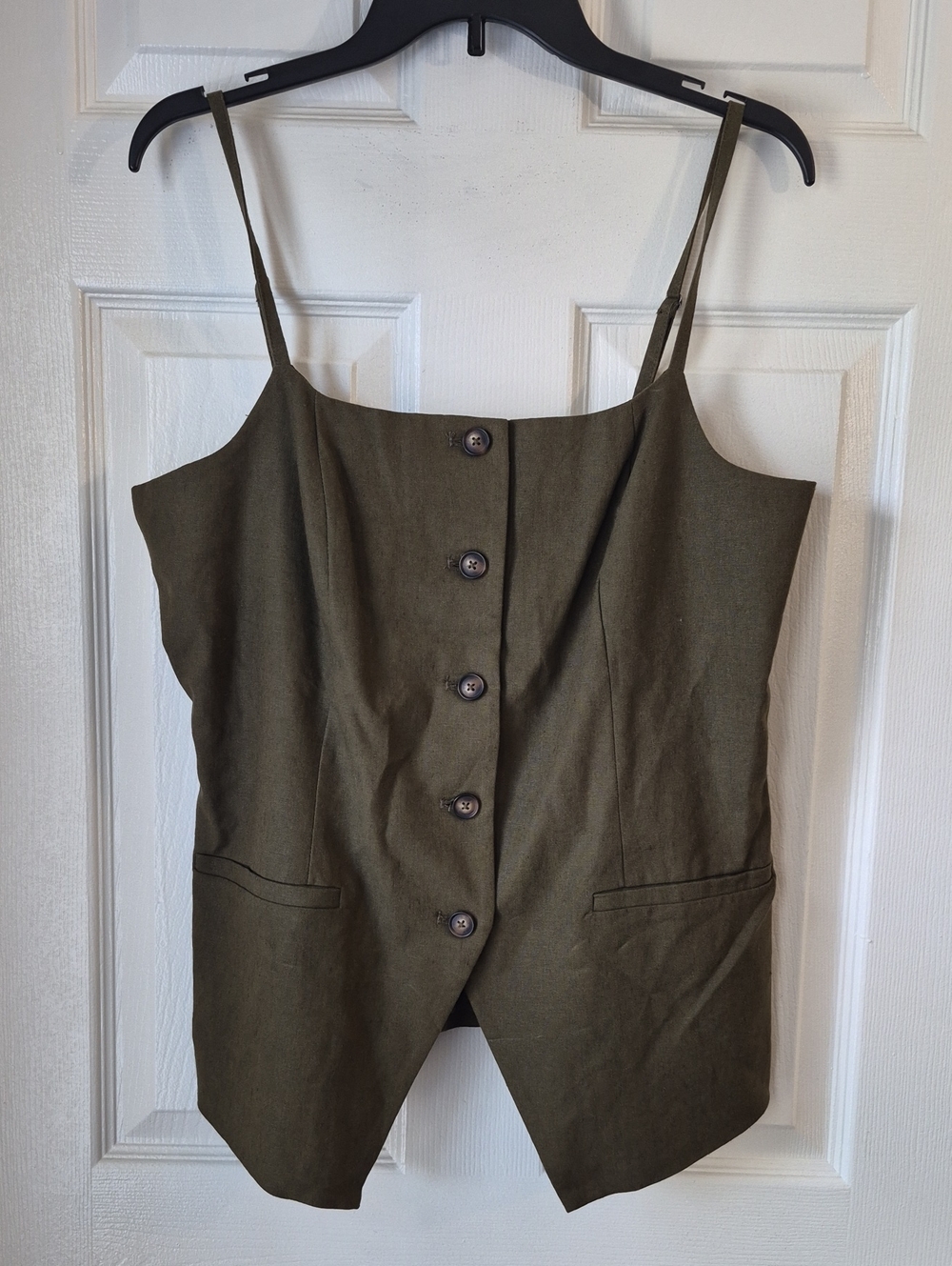 Linen Blend Olive Green Button-Front Sleeveless Jumpsuit Top